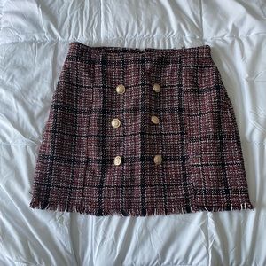 Plaid Tweed Skirt with Buttons, Red Black and White, Size Large